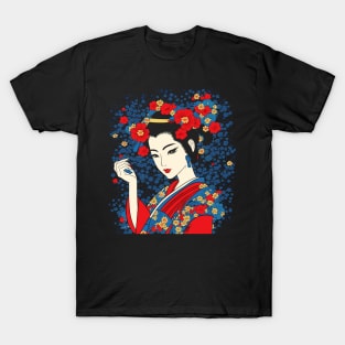 Geisha with Flowers Retro Comic Book T-Shirt